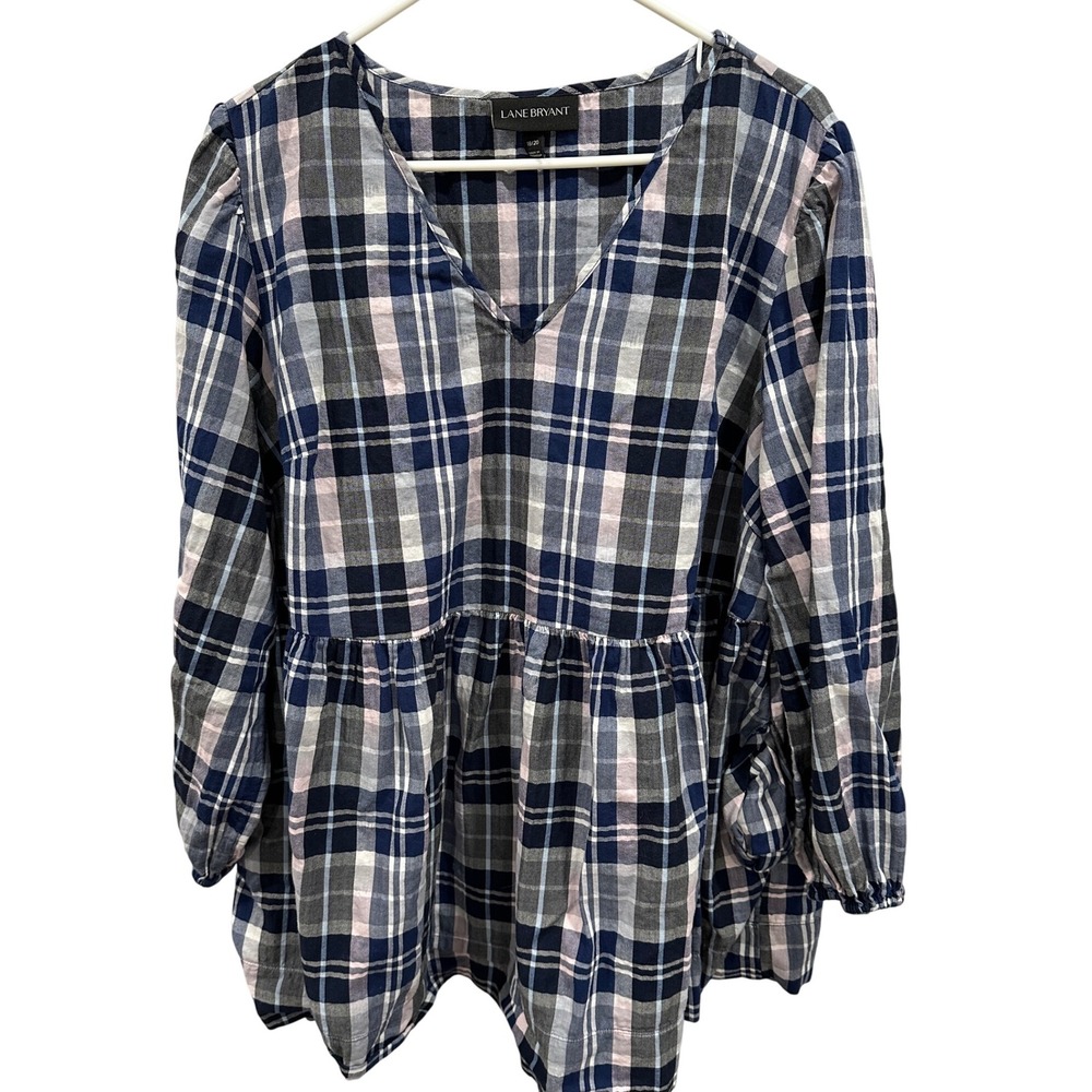 Lane Bryant Plaid Tunic Top Women 18 20 Blue Pink Gray Long Sleeve V Neck